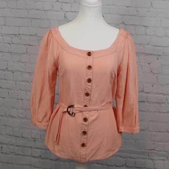 MAEVE BY ANTHROPOLOGY SALMON PINK TIE WAIST BOAT NECK TOP - Size 2 SKU:372 - Picture 1 of 9